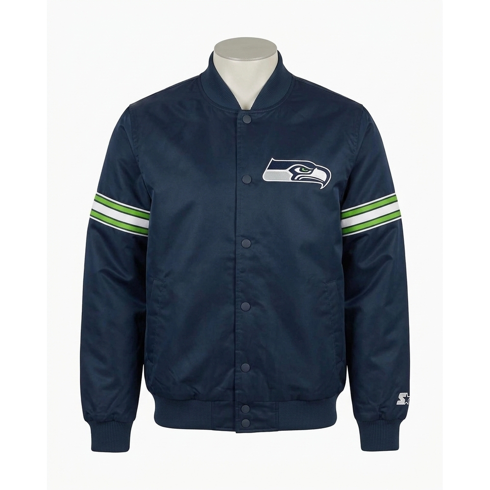 NEW STARTER men's seattle seahawks satin full-snap jacket in navy